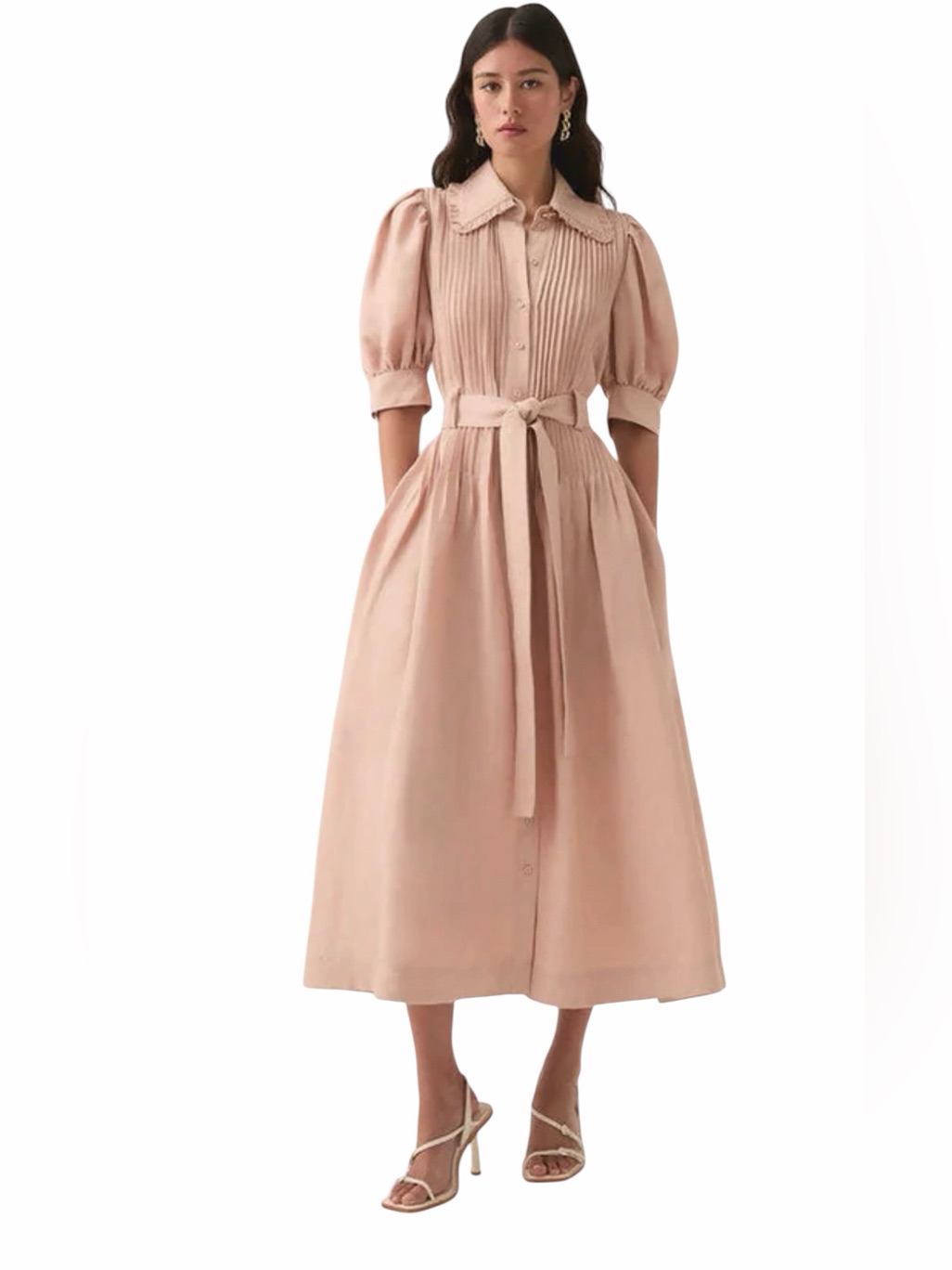 Aje Madeleine Midi Dress Blush Pink Linen Blend Puff Sleeve Pleated Belted Au 16